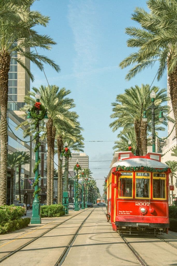 Vieux tramway rouge sur Canal Street et allée de palmiers à La Nouvelle-Orléans